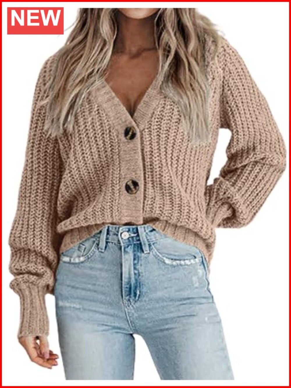 Chunky Knit Cardigan Long Sleeve V-Neck Button Down Sweater